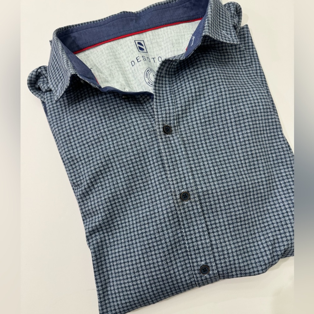 Desoto Men's Konrad Jersey Shirt Button Up Navy Print Collared Long Sleeve SZ L